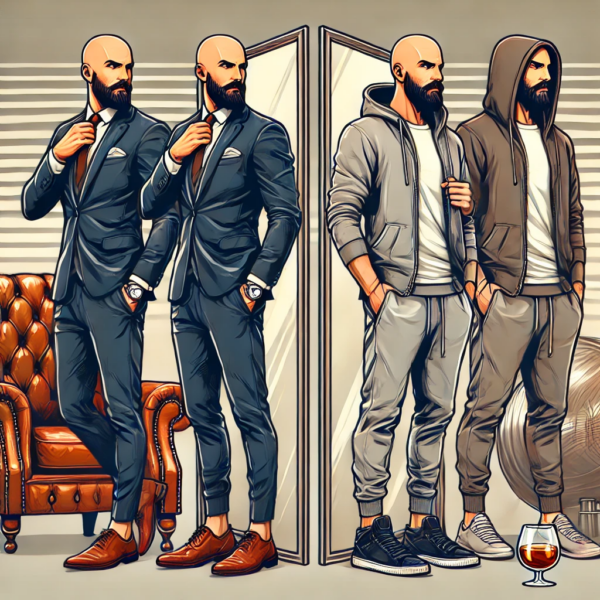 Homme chauve confiant devant un miroir illustrant différents styles vestimentaire. À gauche, un look élégant en costume, et à droite, un style sportif avec hoodie et sneakers. Image représentant la diversité des styles pour hommes chauves