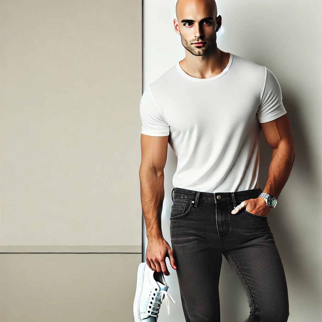 Homme chauve au style minimaliste, portant un t-shirt blanc bien ajusté, un jean foncé et des sneakers blanches, posant dans un cadre épuré. Look simple et efficace pour un style sobre et moderne.