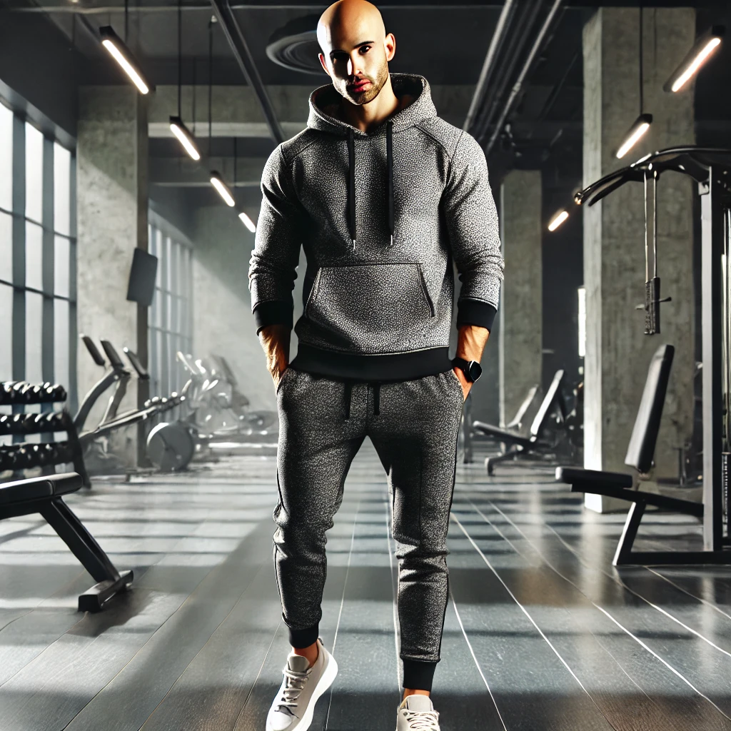  Homme chauve athlétique portant un hoodie ajusté, un jogging et des sneakers propres, posant dans une salle de sport moderne. Look dynamique et décontracté pour chauves sportifs.
