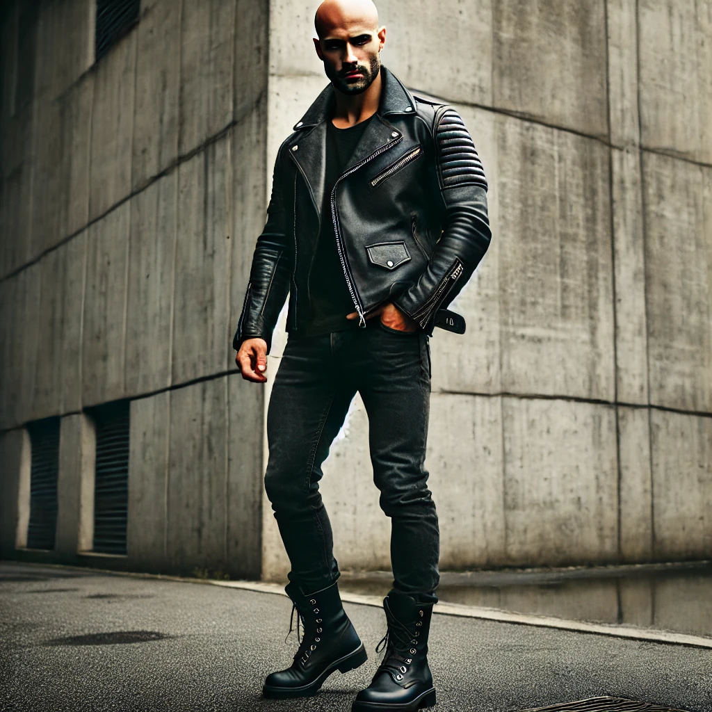 Homme chauve au style badass, vêtu d’une veste en cuir noire, d’un jean foncé et de bottes robustes, debout dans un environnement urbain. Look minimaliste et imposant pour affirmer son charisme.