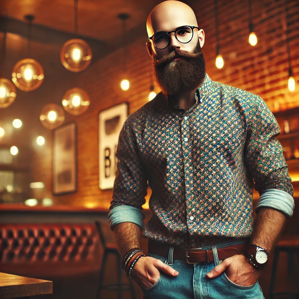 Homme chauve au style hipster, avec une barbe bien entretenue, des lunettes stylées et une chemise à motifs, posant dans un cadre urbain avec mur en briques. Look vintage et tendance pour chauves originaux.
