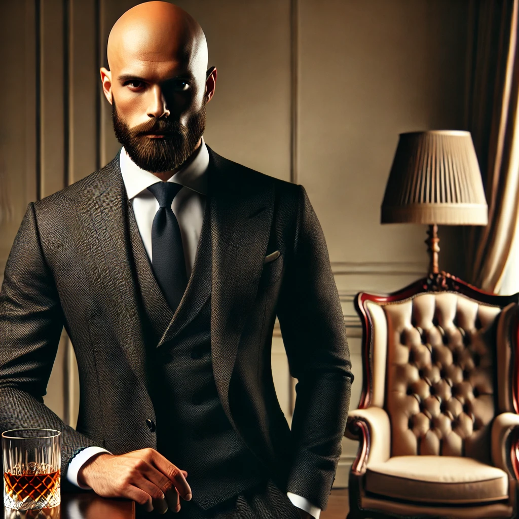 Homme chauve élégant en costume bien taillé, avec une barbe soignée, debout dans un cadre sophistiqué avec un fauteuil en cuir et un verre de whisky. Look classe et raffiné pour hommes chauves.